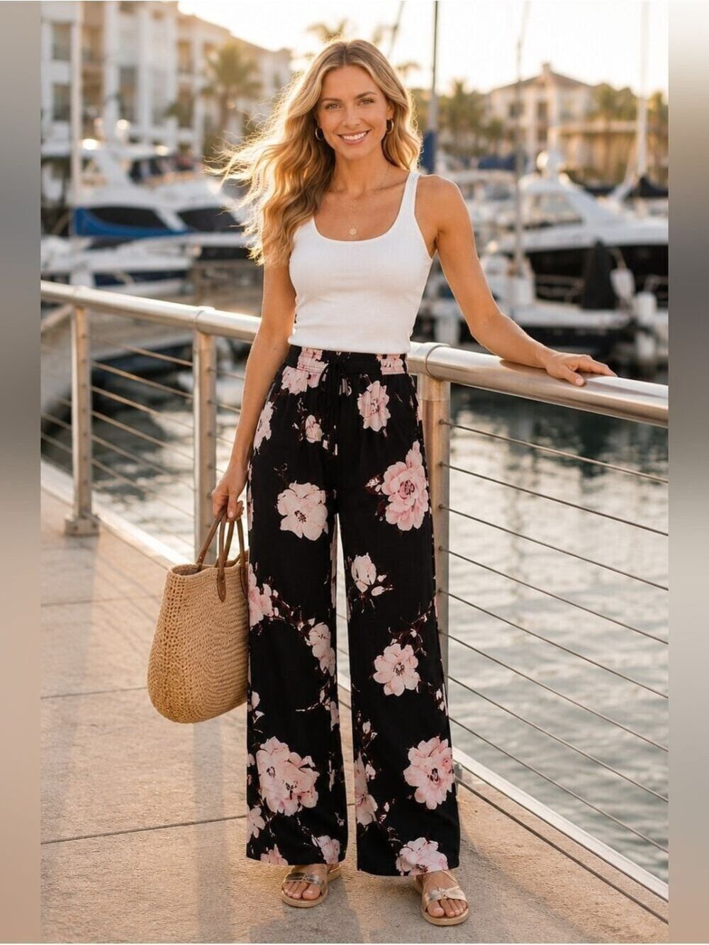 Romantic Floral Palazzo Pants Wide Leg Boho Resort Vacation Cottagecore Size L - Picture 14 of 15